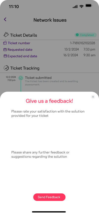 TrackMate feedback modal asking customers to rate their satisfaction