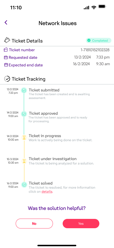 TrackMate ticket detail asking whether the solution was helpful
