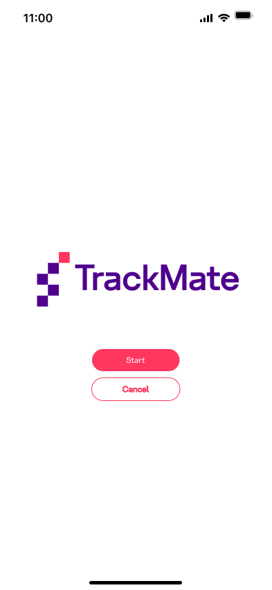TrackMate mobile splash screen with Start and Cancel actions