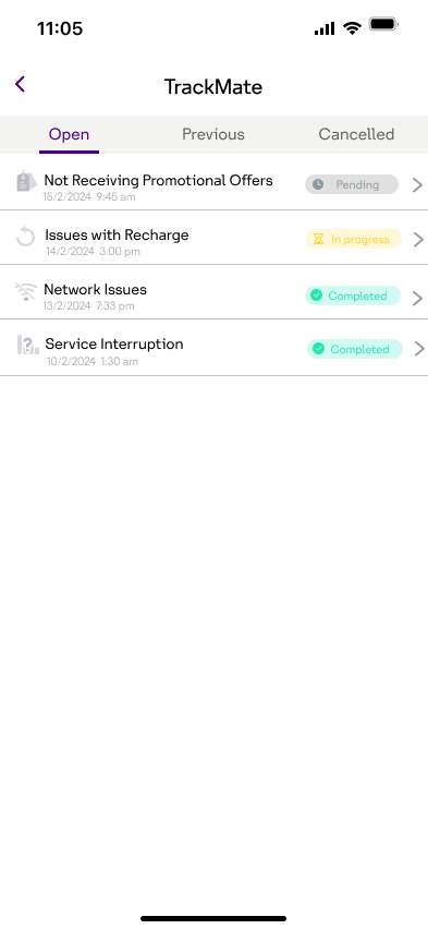 TrackMate mobile ticket list, showing Open, Previous, and Cancelled tabs