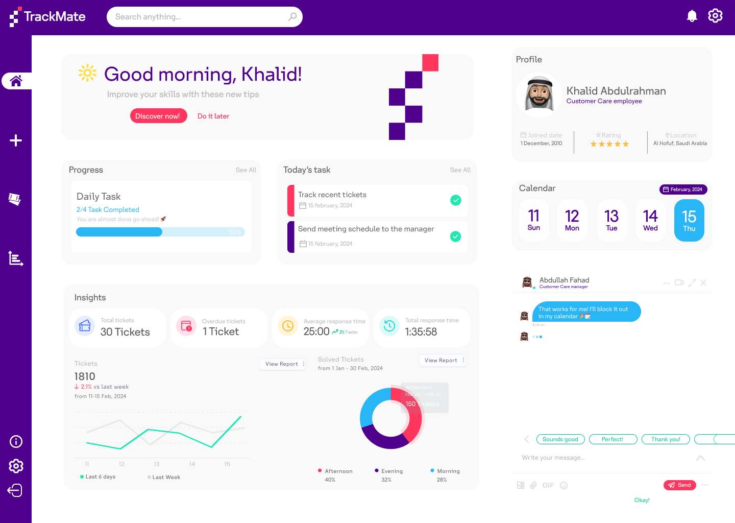 TrackMate web dashboard showing ticket insights and daily tasks